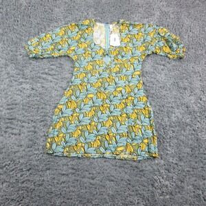Valija Fania Dress Womens Medium Green Yellow Floral Rayon Short Sleeve NWT